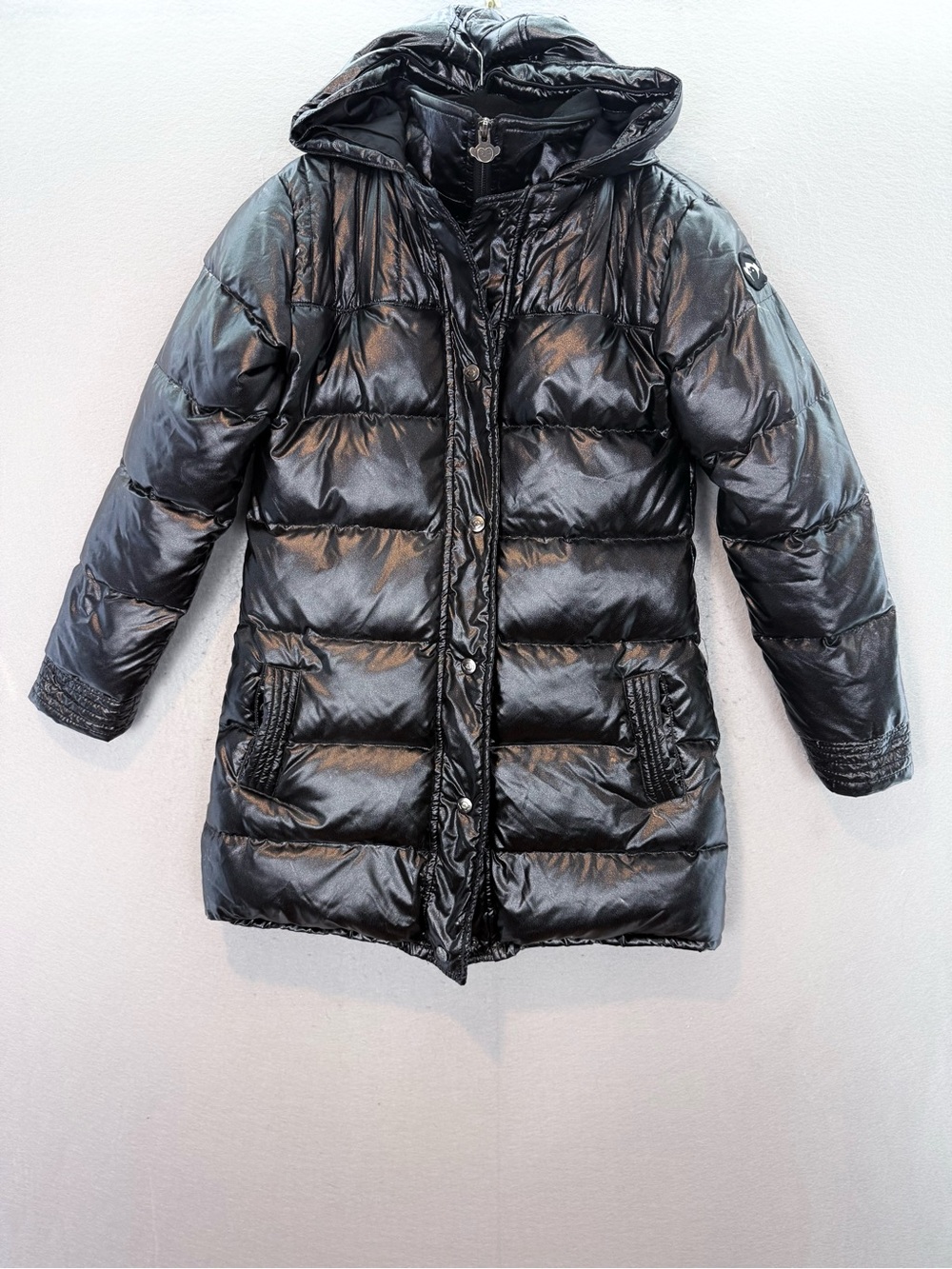 Appaman girls youth float black mid length down jacket Zip up hooded Coat SZ 12